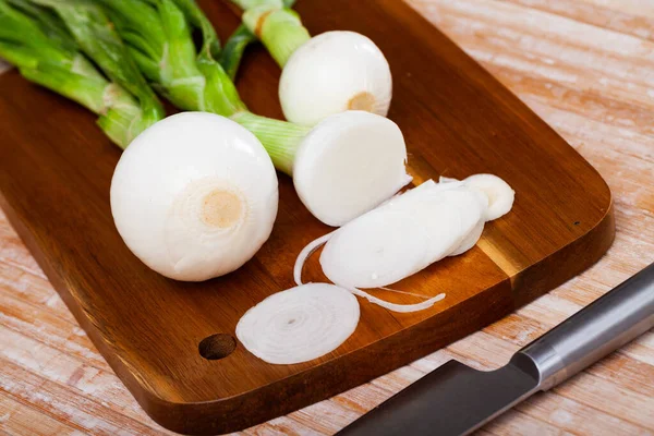 Vegetable Ingredients Cooking Organic Spring Onion Wooden Table — Stock Photo, Image