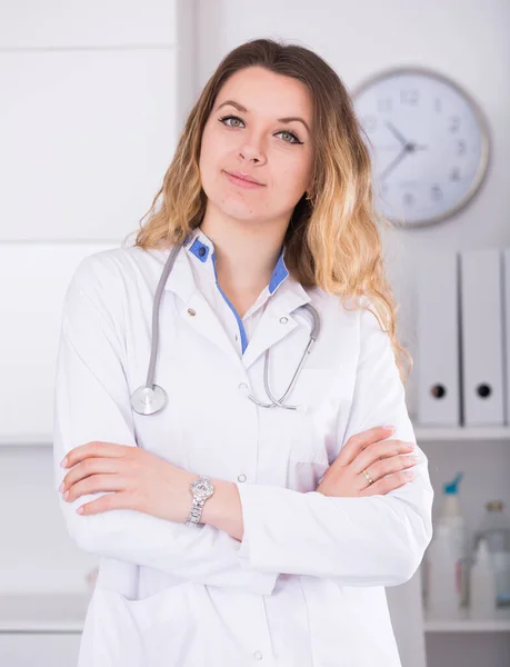 Portrait Young Medical Worker Medical Center Standing Table Stock Photo