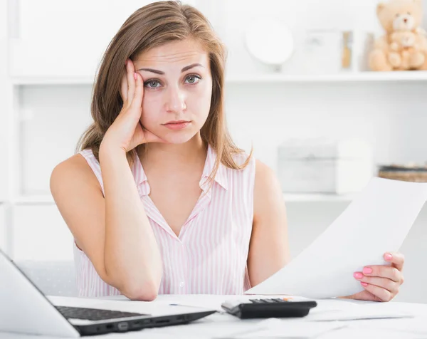 Young Woman Sitting Table Looking Worriedly Bills — Stock Photo, Image