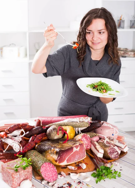 Happy Girl Prefers Eat Greens Vegetables Salad Sausages Smoked Meat —  Fotos de Stock