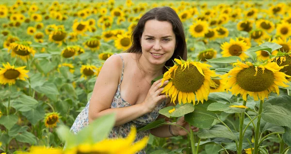 Junge Verspielte Frau Posiert Auf Wiese Mit Sonnenblumen — Stockfoto