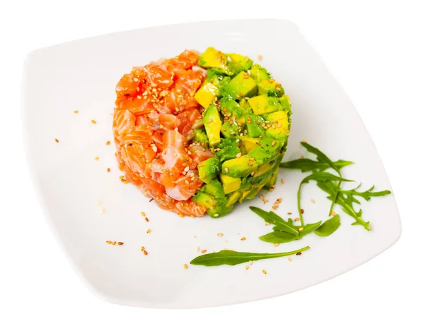 Salmon Tartare Avocado Served White Plate Isolated White Background —  Fotos de Stock