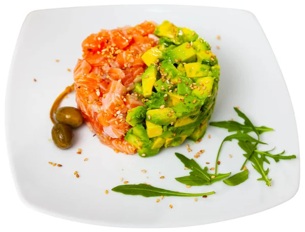 Salmon Tartare Avocado Served White Plate Restaurant Isolated White Background — 스톡 사진