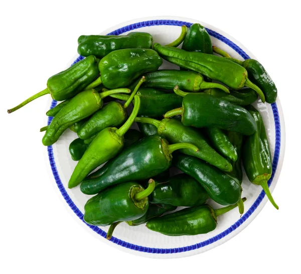 Plate Full Fresh Green Padron Peppers Organic Cooking Ingredients Isolated — Stock fotografie