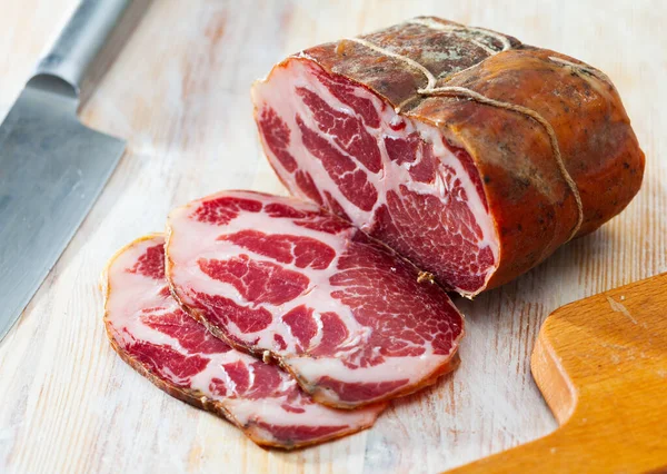 Appetizing Sliced Jerky Boneless Pork Tenderloin Wooden Background Meat Snack — Stock Photo, Image