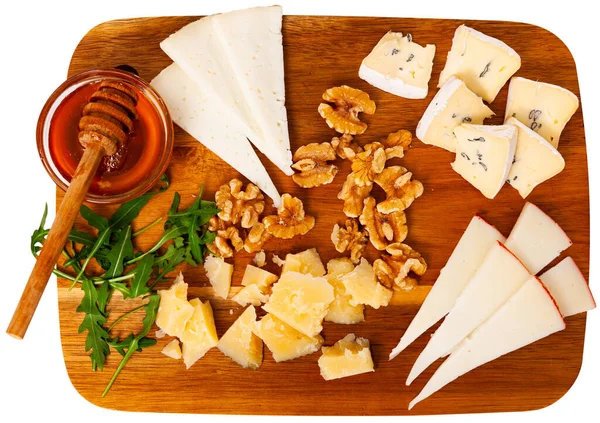 Appetizing Cheese Platter Spanish Cheeses Traditionally Served Wooden Board Honey — Foto de Stock
