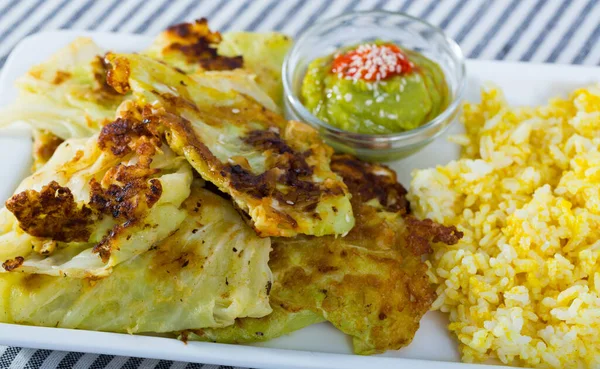 Delicious Cabbage Batter Served Garnish Rice Two Sauces White Plate — Foto Stock