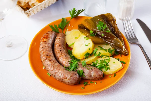 Fried Meat Sausage Served Boiled Potato Bell Pepper — Stock Fotó