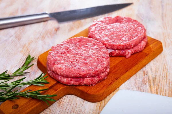 Cooking Ingredients Raw Burger Cutlets Wooden Table — Stock Photo, Image