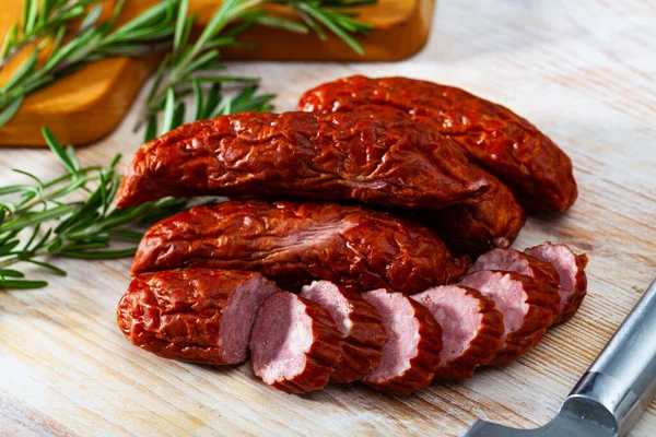 Close Traditional Czech Dried Sausage Wooden Surface — Stock Photo, Image