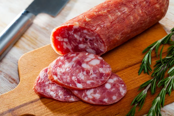 Salchichon Traditional Spanish Dry Cured Pork Sausage Wooden Table — Stock Photo, Image