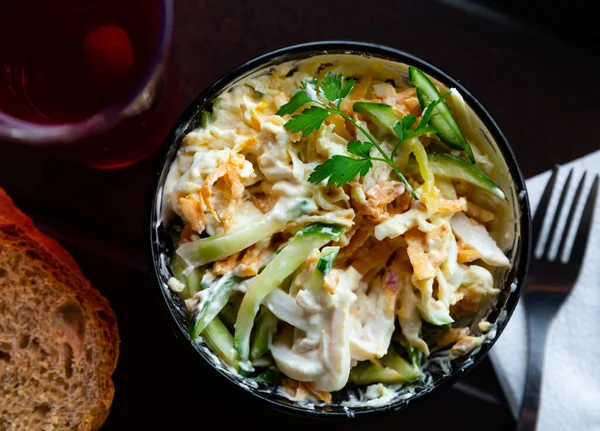 Healthy Squid Salad Cucumber Mayonnaise Parsley Russian Cuisine — Stockfoto