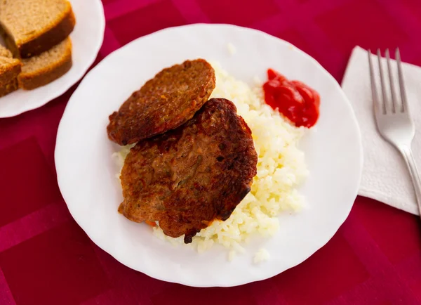 National Appetizing Dish Russian Cuisine Cutlets Boiled Rice Served Bread — Stock Photo, Image
