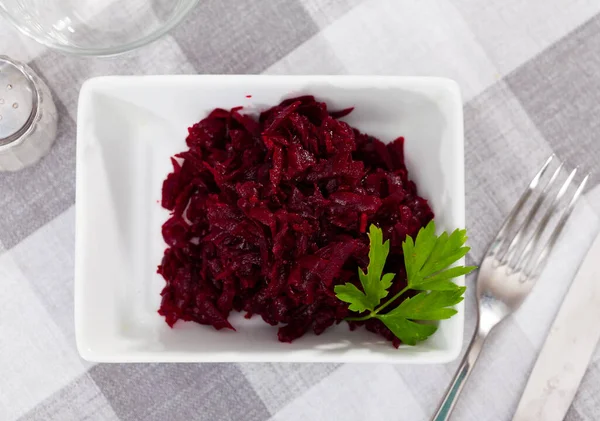 Portion Salad Made Boiled Grated Beetroot Served Table — Stock Photo, Image