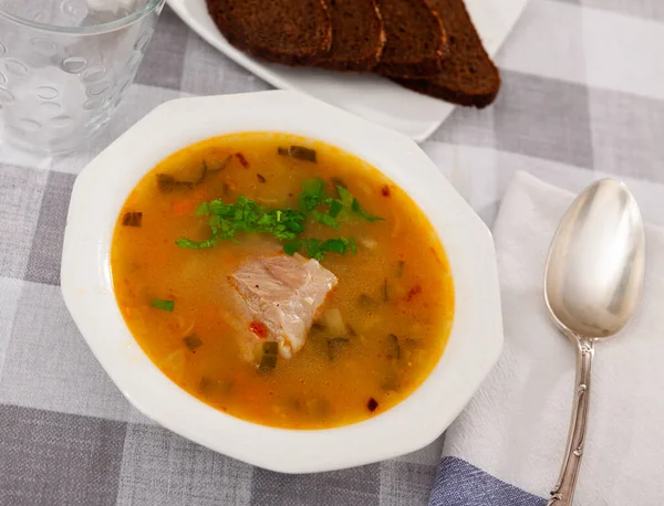 National Russian Dish Pickle Soup Meat Cooked Basis Pickled Cucumbers — Zdjęcie stockowe