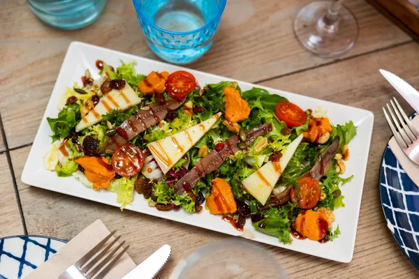 Traditional Mediterranean Salad Fresh Lettuce Romesco Sauce Anchovy Fillets Cheese Stok Resim