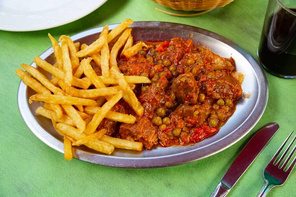 Asturian Beef Stewed Peas Served French Fries Plate — Stock Photo, Image