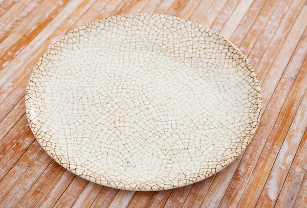 Empty Hand Crafted Ceramic Plate Wooden Table Surface Tableware Mock — Stock Photo, Image
