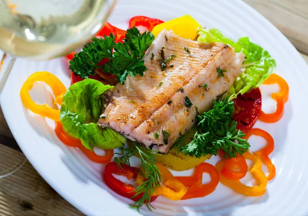 Tasty Fried Trout Fillets Served Vegetables Greens Plate — Stockfoto