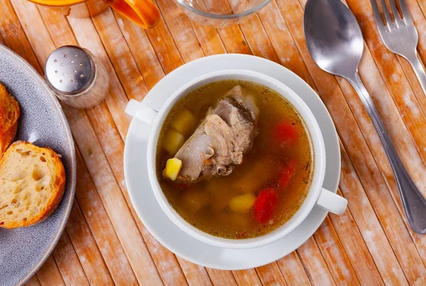 Portion Just Prepared Meat Soup Served Bowl Wooden Table — Stok fotoğraf
