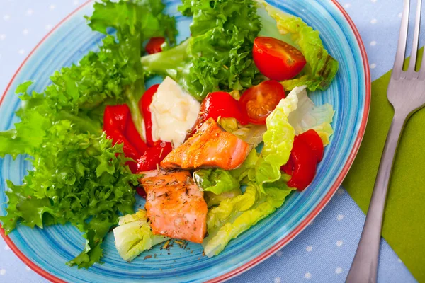 Saláta Zöldséggel Paradicsommal Sült Pisztrángfilével Sós Szósszal — Stock Fotó