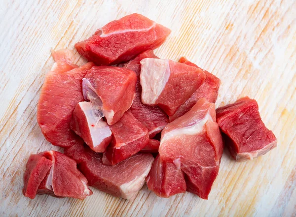 Raw Pork Neck Meat Cuts Top View Wooden Background Fresh — Zdjęcie stockowe