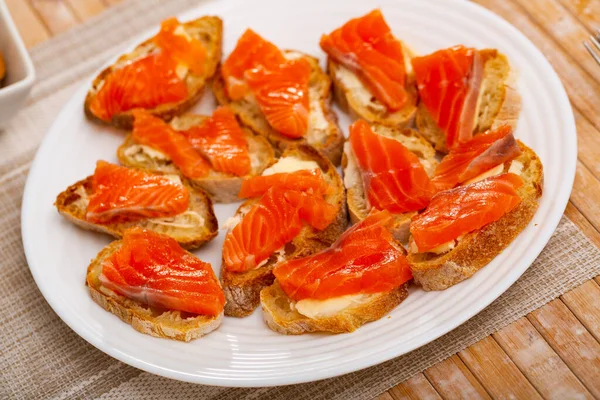 Portion Many Sandwiches Salmon Filet White Plate — Stock Photo, Image