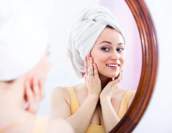 Joyful Smiling Young Woman Examining Her Face Mirror Bath — 图库照片