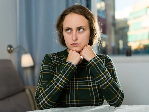 Portrait Sorrowful Woman Sitting Home Interior — Foto de Stock