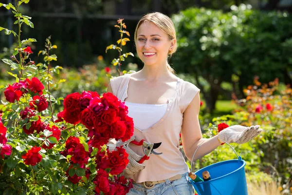 Portrait Happy Young Female Gardener Planting Trimming Blossoming Bush Roses — 图库照片