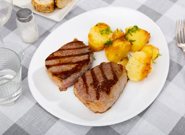 Portion Two Medium Well Beef Steaks Baked Potato Served Plate — 图库照片