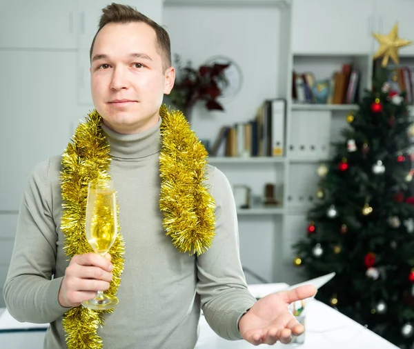 Portrait Positive Man Office Worker Holding Glass Champagne Gesturing Proposing — ストック写真