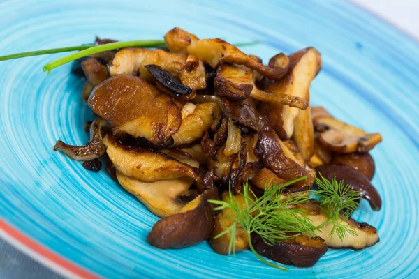 Portion Fried Wood Mushrooms Shiitake Served Colored Platter Greens — 스톡 사진