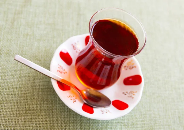 Glass Cup Hot Black Tea Served Saucer Restaurant Turkish Traditional — Fotografia de Stock