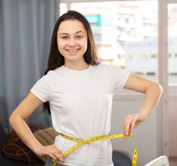 Young Slim Girl Measuring Tape Standing Modern Interior Control Her — Stock Photo, Image