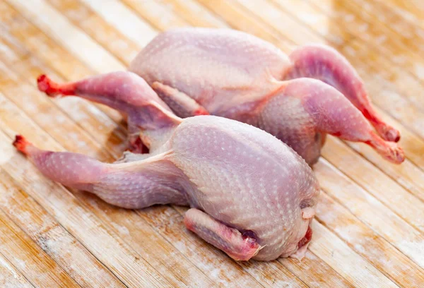 Closeup Two Fresh Raw Whole Gutted Quails Prepared Cooking Lying — Fotografia de Stock