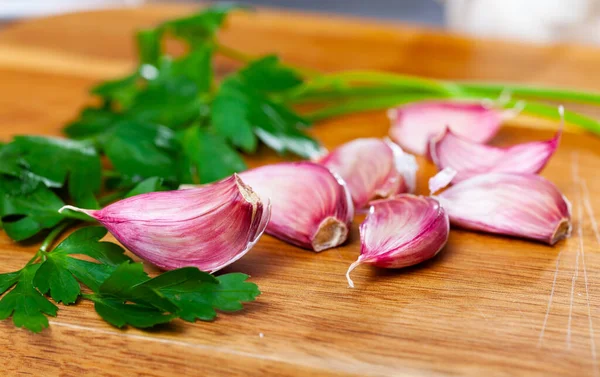 Fresh Green Cilantro Garlic Cloves Wooden Table Popular Aromatic Food — Photo