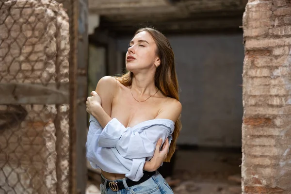 Tempting Young Brown Haired Woman Blue Male Shirt Pulled Her — Stockfoto