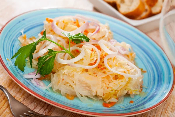 Appetizing Salad Homemade Sauerkraut Served Onion Fresh Greens — Stock Photo, Image