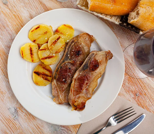 Image Grilled Pork Potatoes Served Plate Nobody — Stock Photo, Image