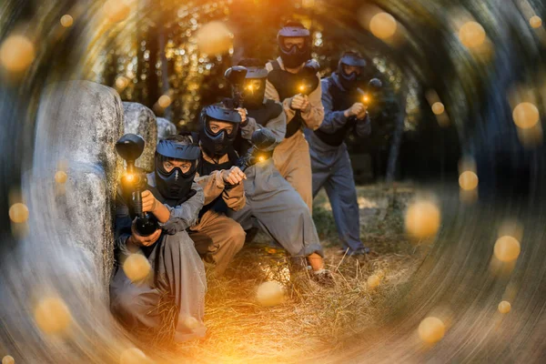 Group Men Women Protective Clothes Helmets Shooting Paintball Markers While — ストック写真