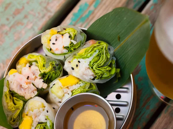 Tasty Ceviche Rolls White Fish Rice Paper Vietnamese Style Plate — Stock Photo, Image