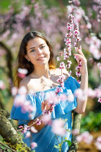 Young Pretty American Woman Blue Dress Posing Blossom Spring Garden — Stock Photo, Image