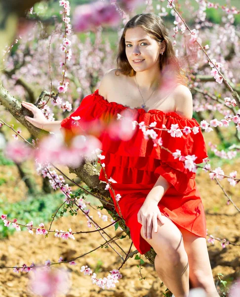 Schöne Lächelnde Junge Amerikanerin Posiert Park Mit Blühenden Pfirsichblüten Sonnigen — Stockfoto
