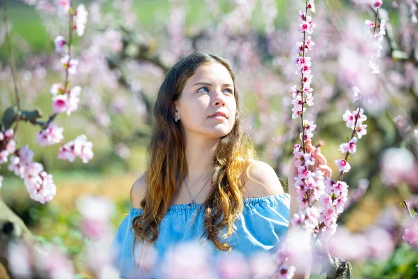 Meisje Lente Tuin Perzik Een Blauwe Jurk — Stockfoto