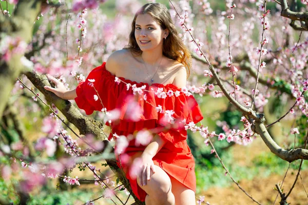 Happy Girl Spring Garden Peach Red Dress — Stock Photo, Image