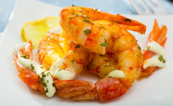 Grilled Shrimps Served Herbs Garlic Sauce Lemon White Plate Royalty Free Stock Photos