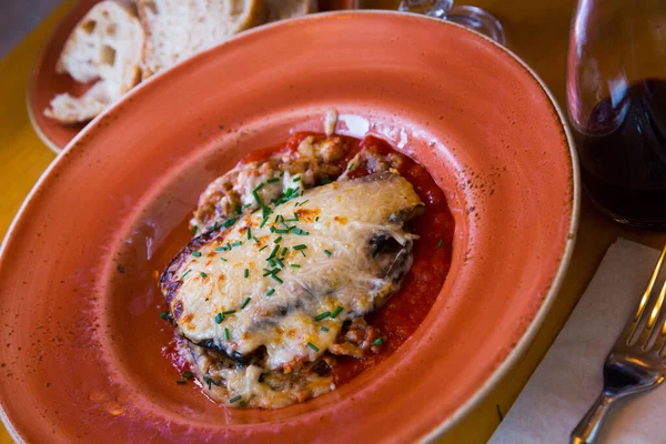 Gustosa Torta Melanzane Con Carne Macinata Formaggio Moussaka — Foto Stock