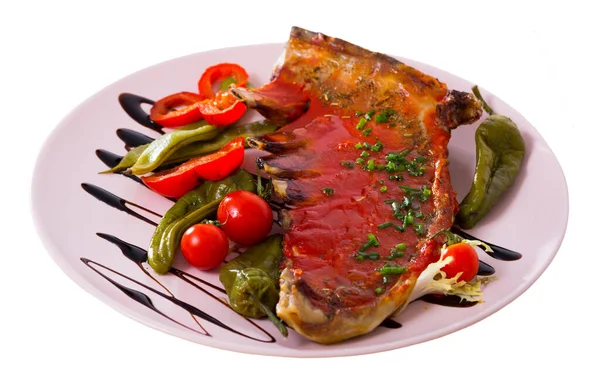 Baked Spicy Tomato Sauce Tasty Lamb Ribs Served Peppers Cherry — Stock Photo, Image