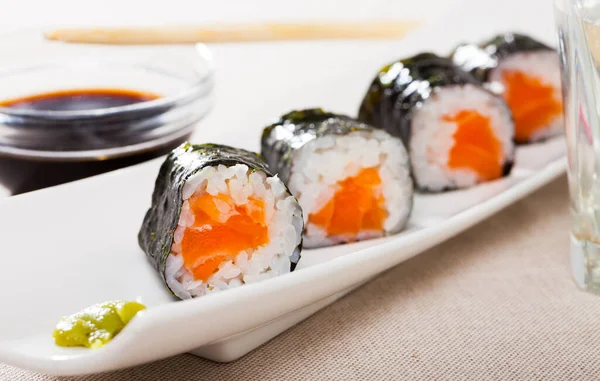 Sushi Menu Maki Rolls Salmon Served Wasabi Soy Sauce White — Stock Photo, Image